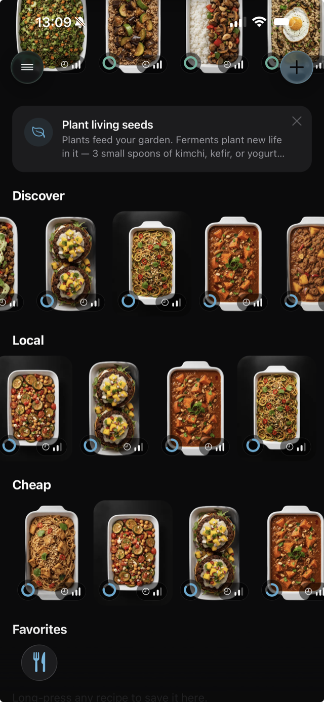 Fridget recipe feed — Discover, Local, and Cheap rails of white-tray dishes matched to your fridge